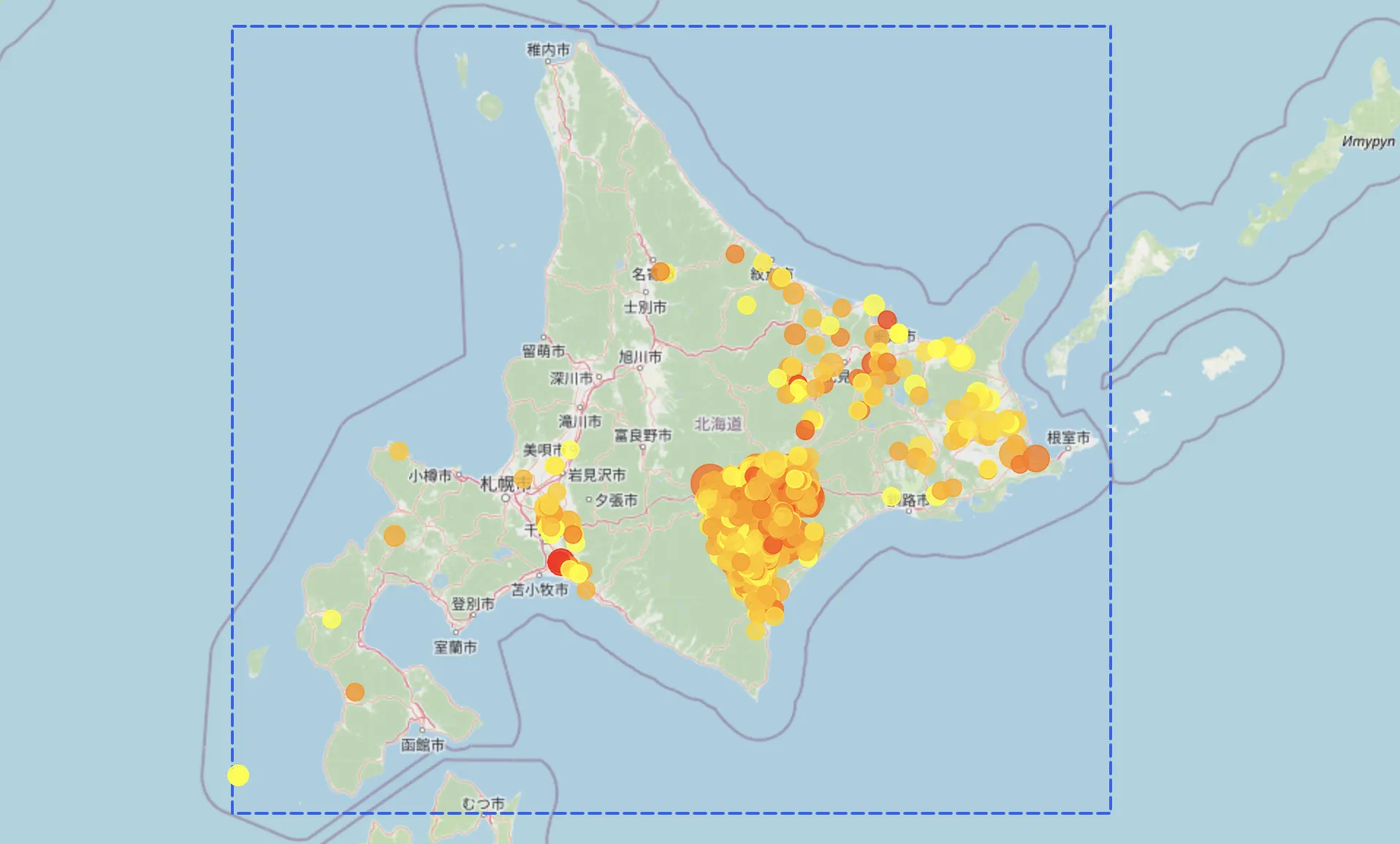北海道全域の変化検知ヒートマップ