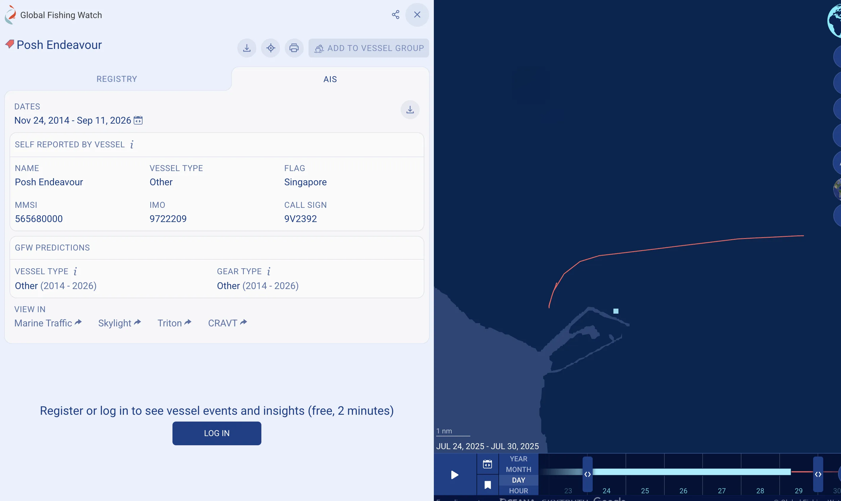 Posh EndeavourのIMO番号9722209とRas Laffan付近の航跡が表示されたGlobal Fishing Watchの画面