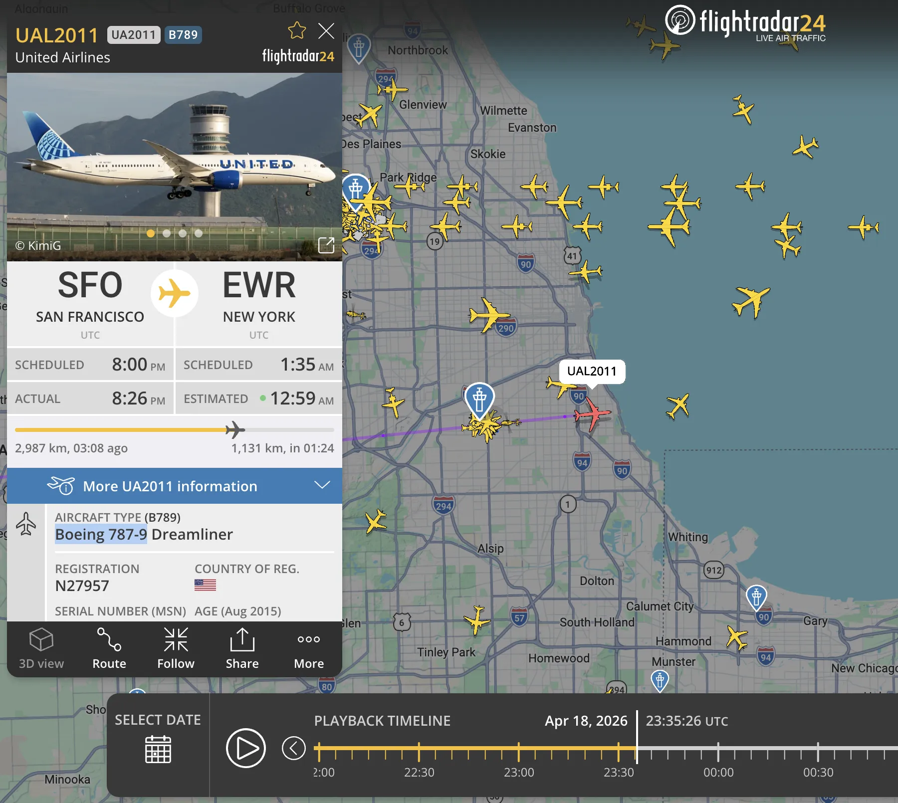 Flightradar24の過去履歴で、シカゴ付近を飛ぶUAL2011の機種がBoeing 787-9 Dreamlinerと表示された画面