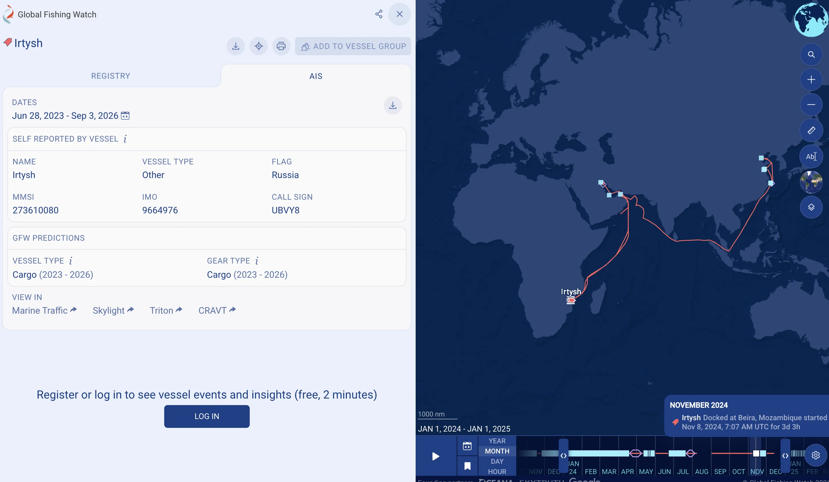 IrtyshのIMO番号9664976とモザンビークのBeiraへの寄港記録が表示されたGlobal Fishing Watchの画面
