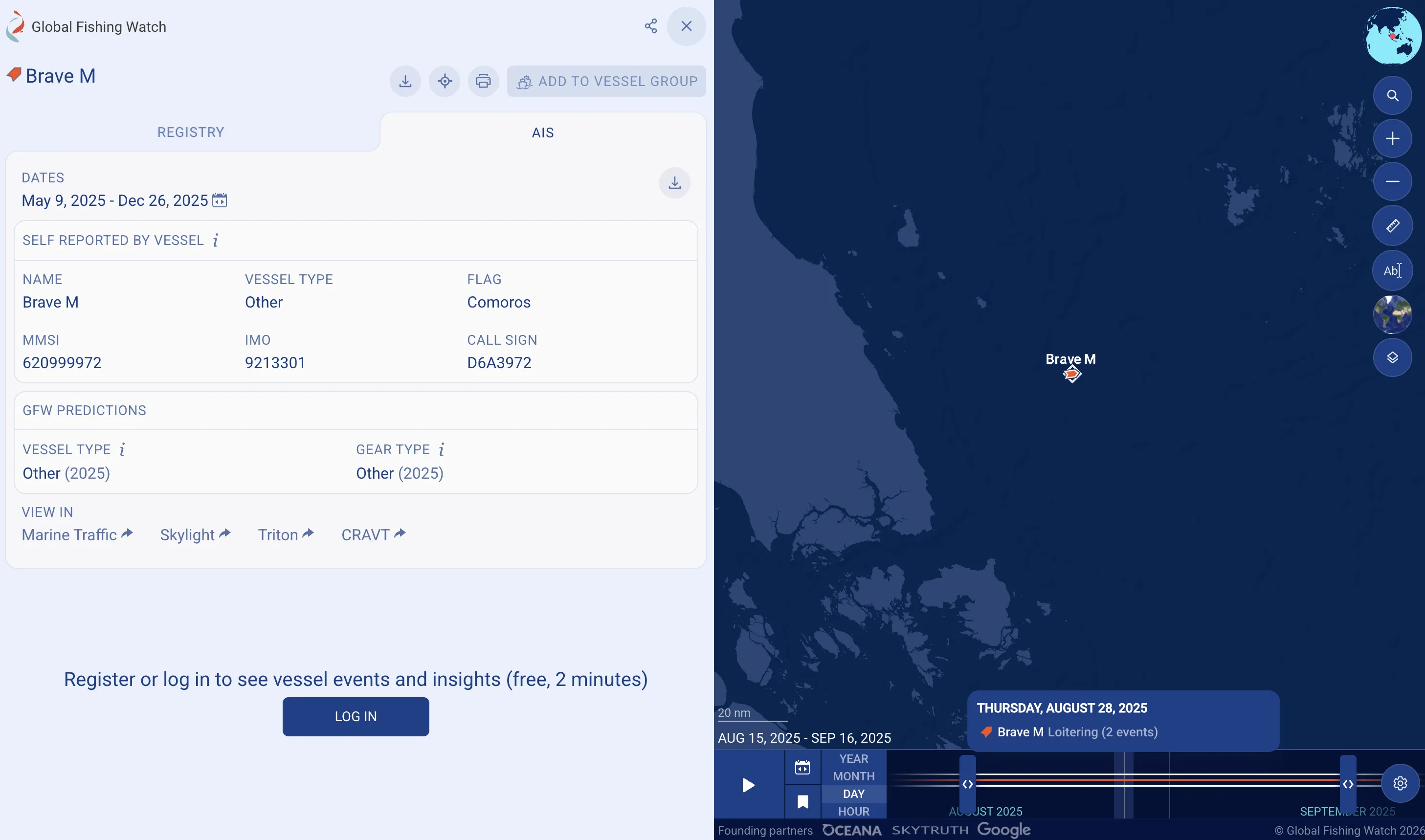 Brave Mの船名とIMO番号9213301が表示されたGlobal Fishing Watchの画面